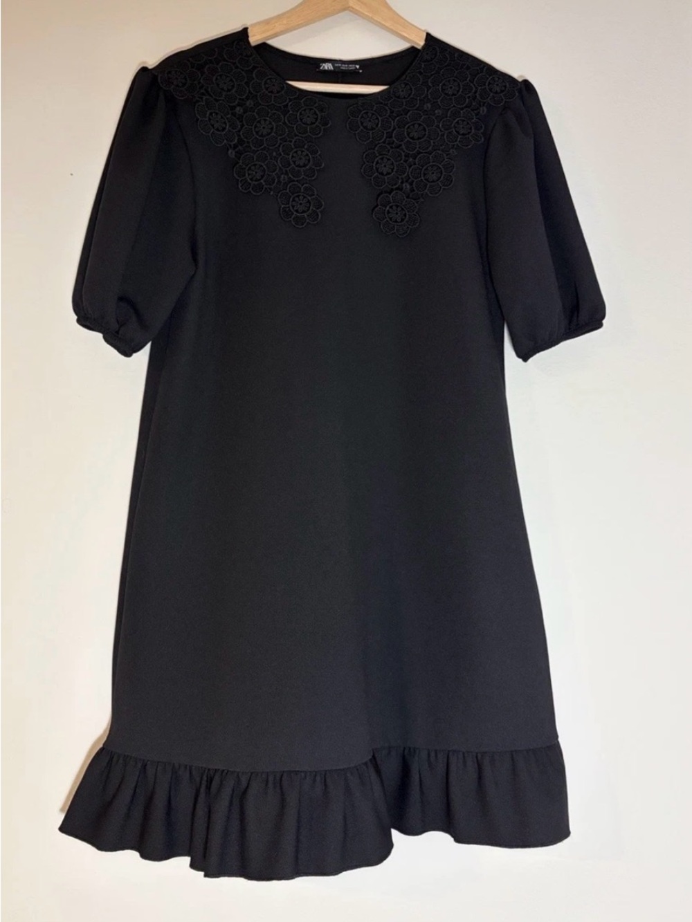Zara Black Floral-Appliqué Mini Dress with Ruffled Hem
